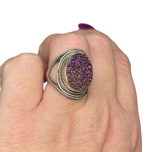 Purple Druzy Ring Solid Sterling Silver 925 Size 6 Natural Stone Oval Boho - Picture 5 of 9